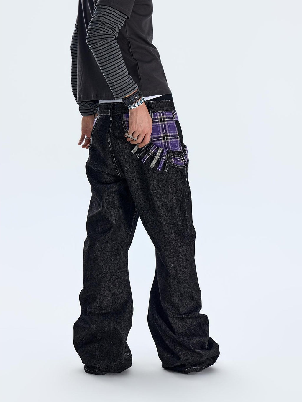 NumbAsia Plaid Patchwork Diagonal Waist Wide Leg Women's Cotton Jeans