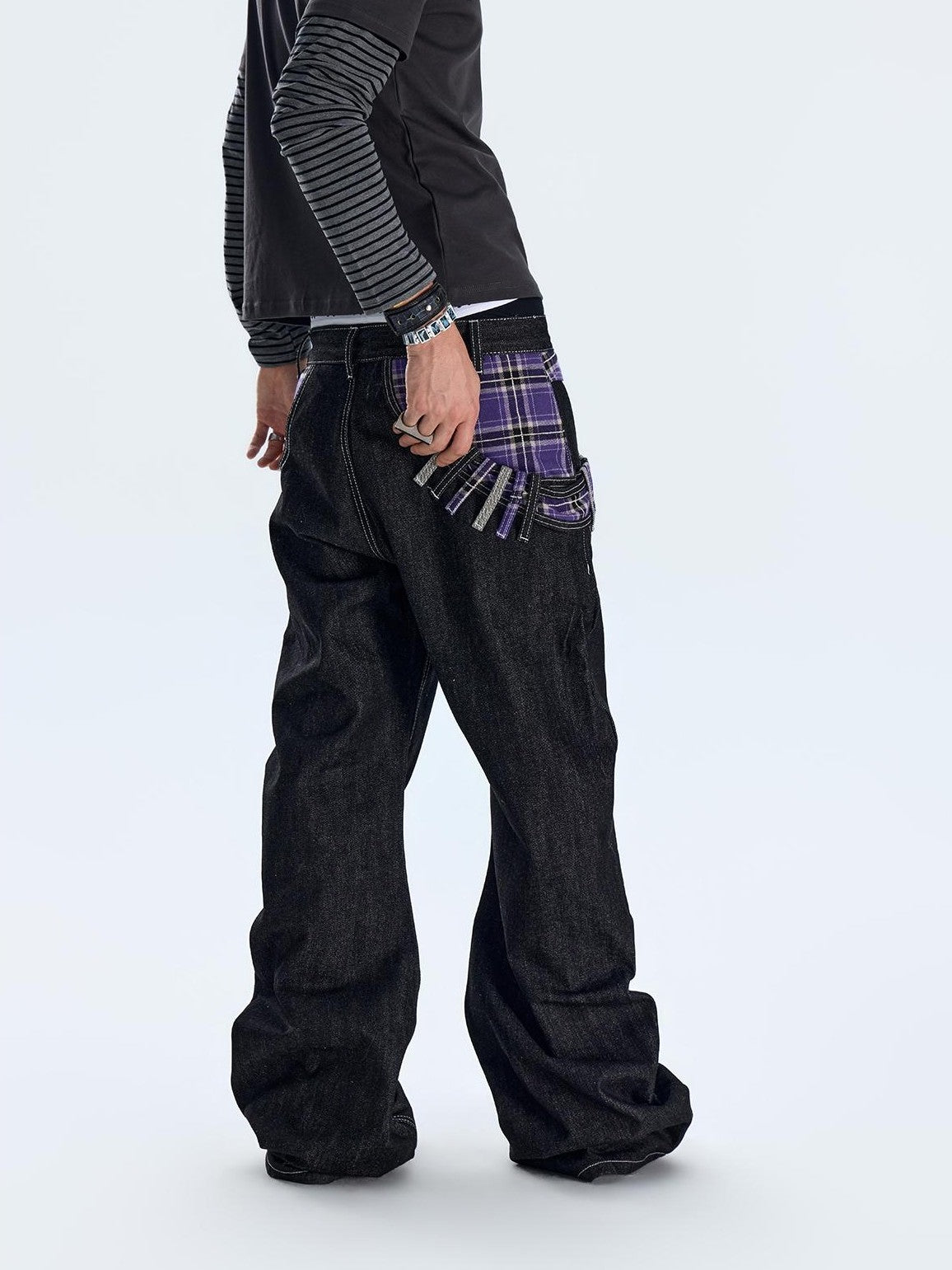NumbAsia Plaid Patchwork Diagonal Waist Wide Leg Women's Cotton Jeans