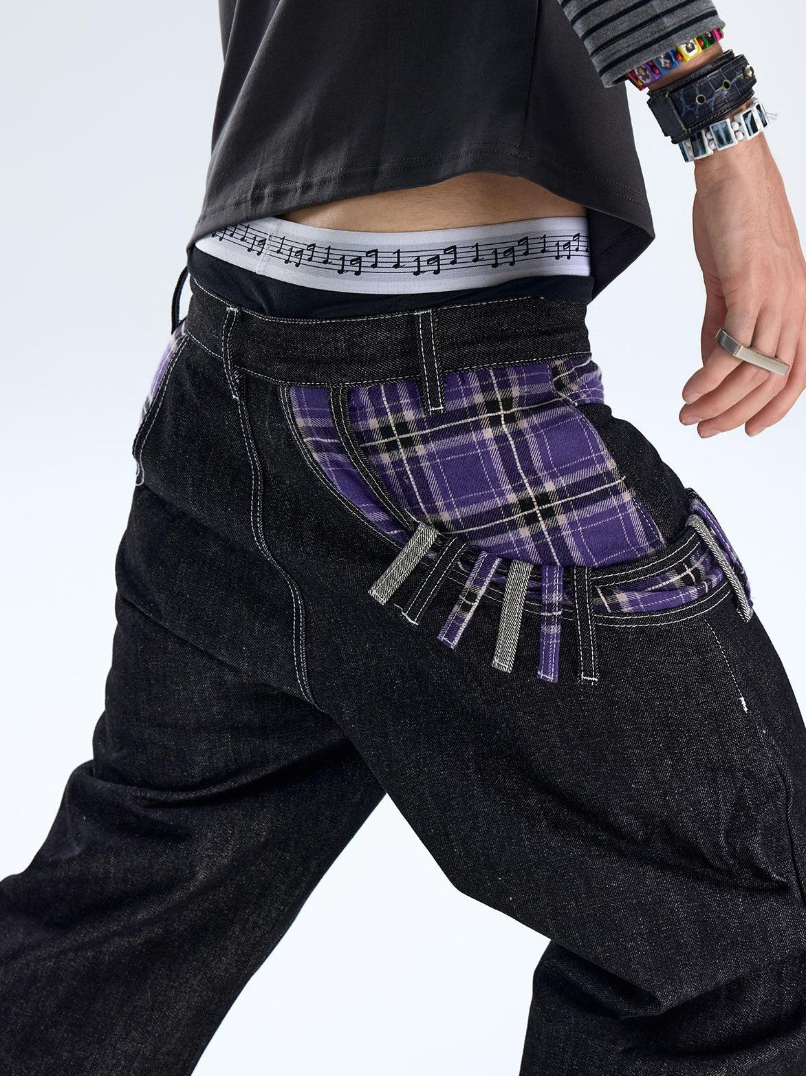NumbAsia Plaid Patchwork Diagonal Waist Wide Leg Women's Cotton Jeans