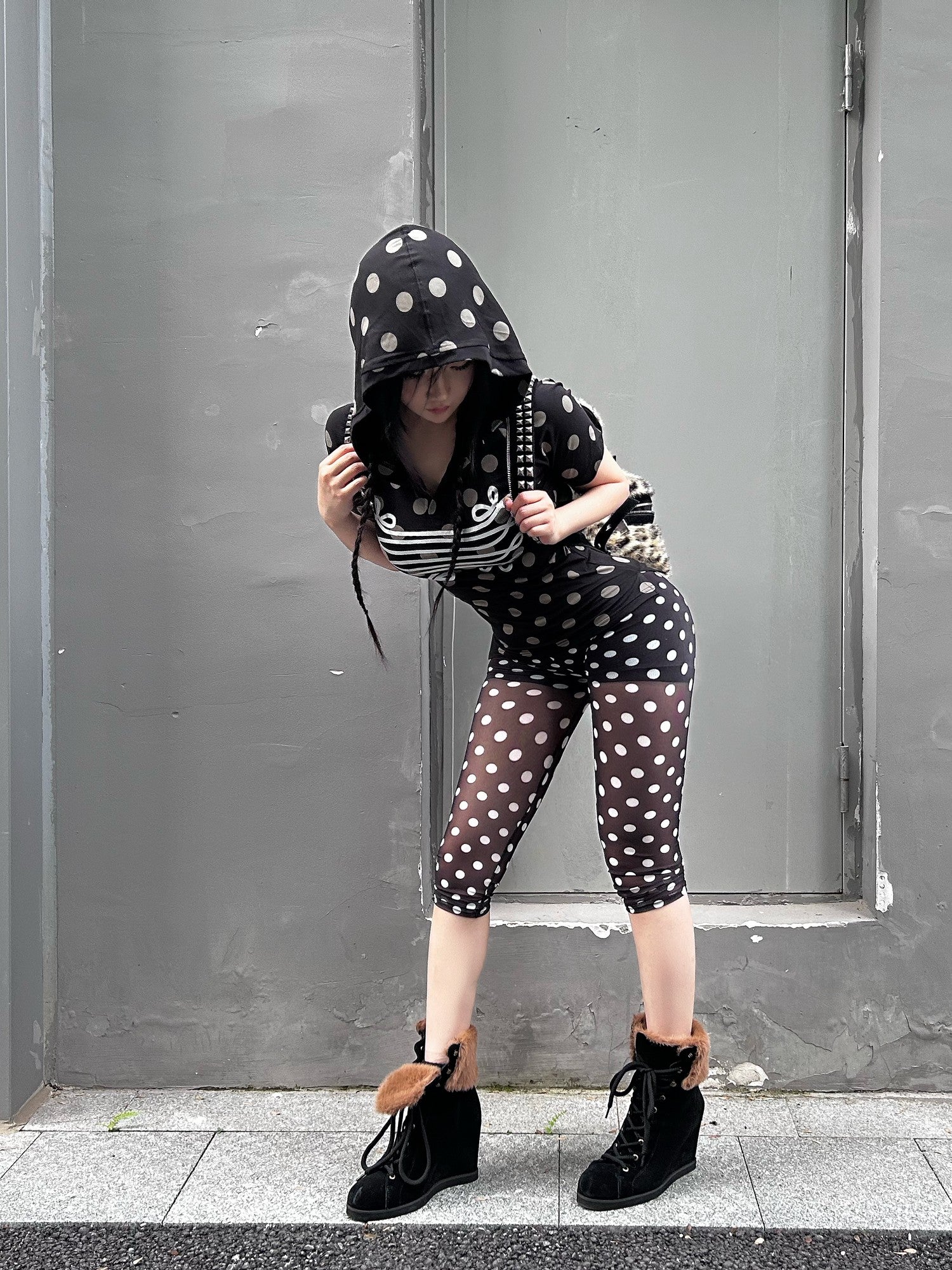 NumbAsia Polka Dot Silver Foil Print Hooded Raglan Women's Modal Short Sleeve T-shirts