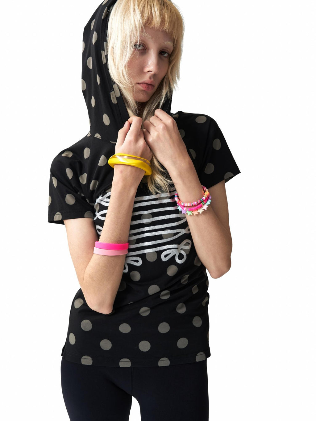 NumbAsia Polka Dot Silver Foil Print Hooded Raglan Women's Modal Short Sleeve T-shirts
