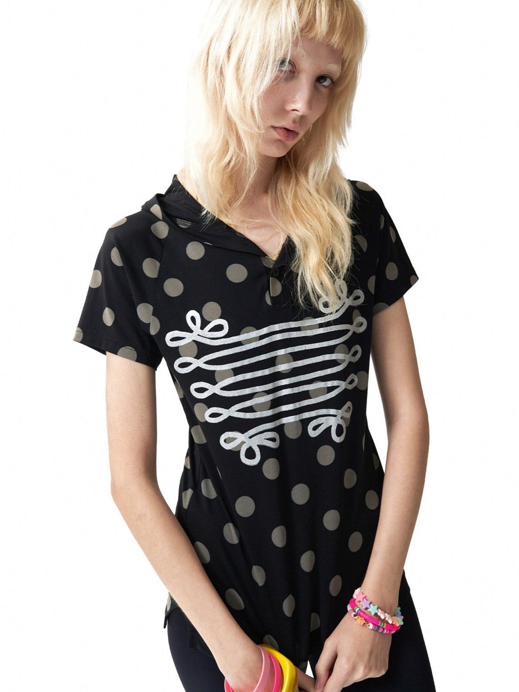 NumbAsia Polka Dot Silver Foil Print Hooded Raglan Women's Modal Short Sleeve T-shirts