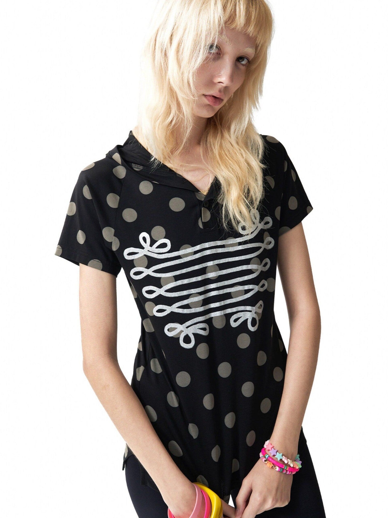 NumbAsia Polka Dot Silver Foil Print Hooded Raglan Women's Modal Short Sleeve T-shirts
