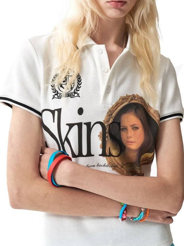 NumbAsia Portrait Print Slogan Embroidered Polo Slim Women's Short Sleeve T-shirts