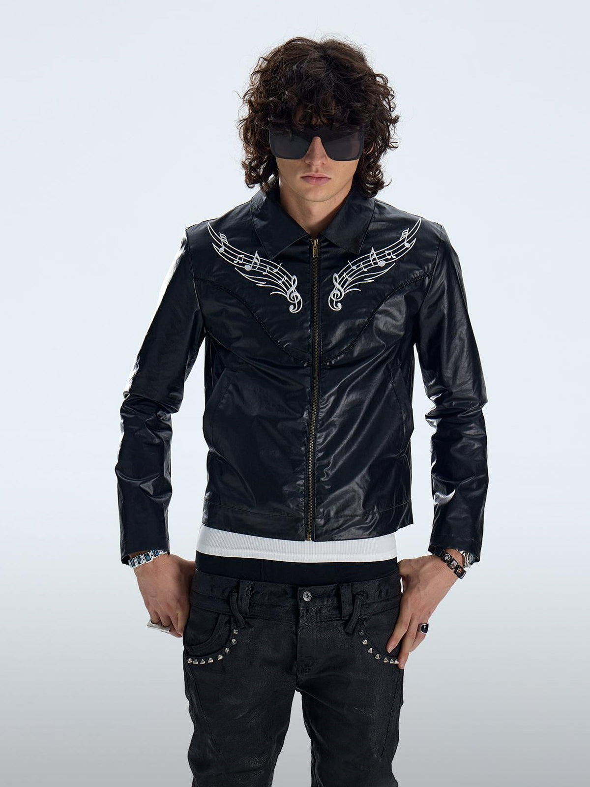 NumbAsia Punk Wing Note Embroidered Waxed Slim Fit Women's Leather Jackets