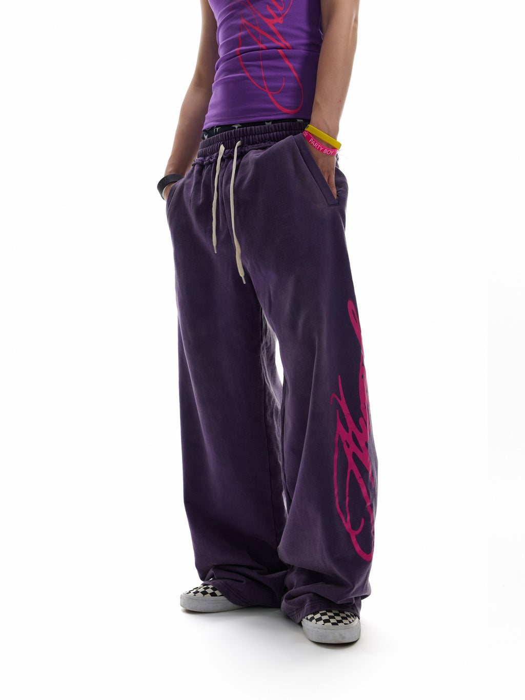 NumbAsia Purple Fluorescent Script Letter Print Washed Vintage Women's Cotton Sweatpants