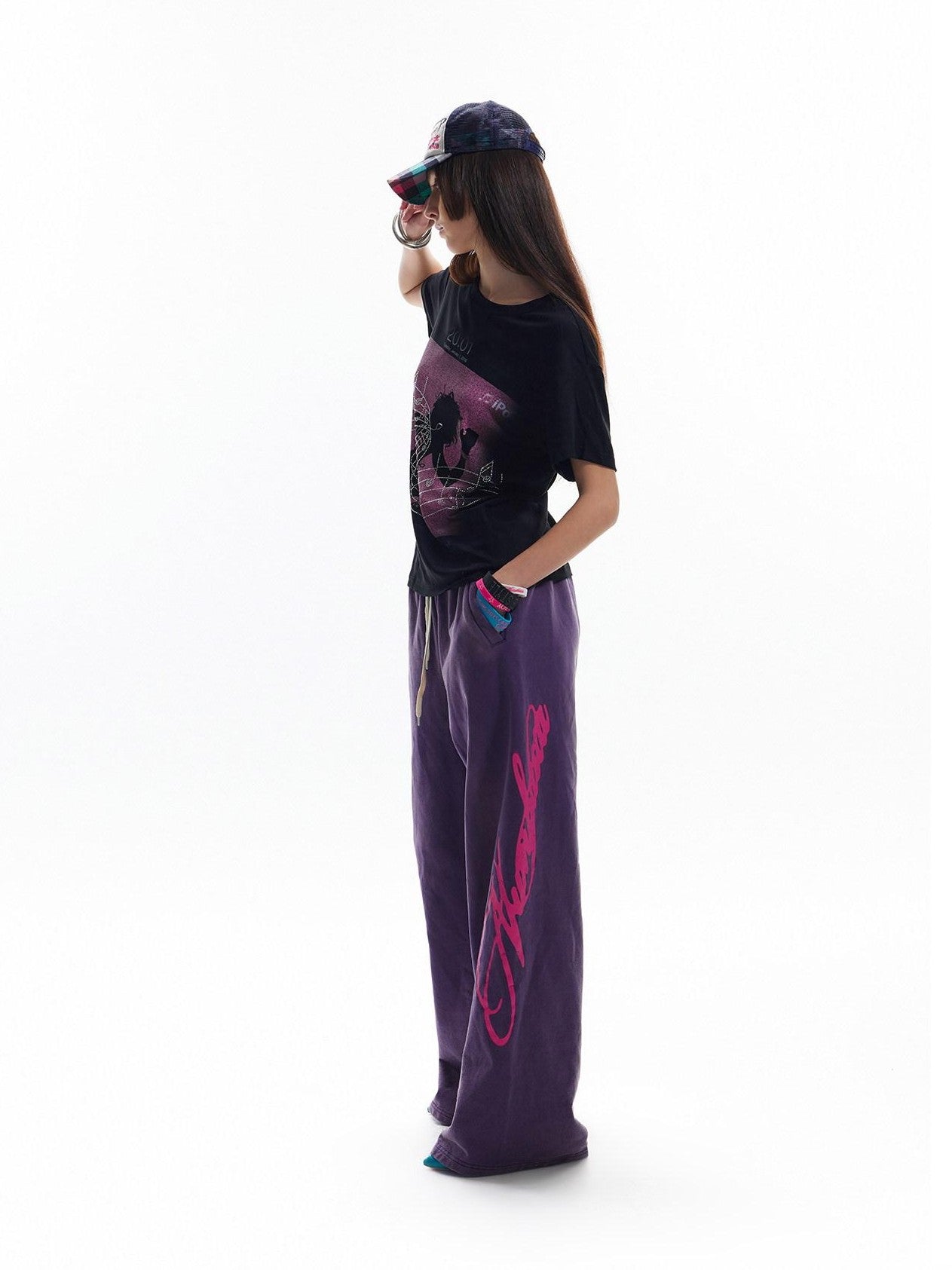 NumbAsia Purple Fluorescent Script Letter Print Washed Vintage Women's Cotton Sweatpants