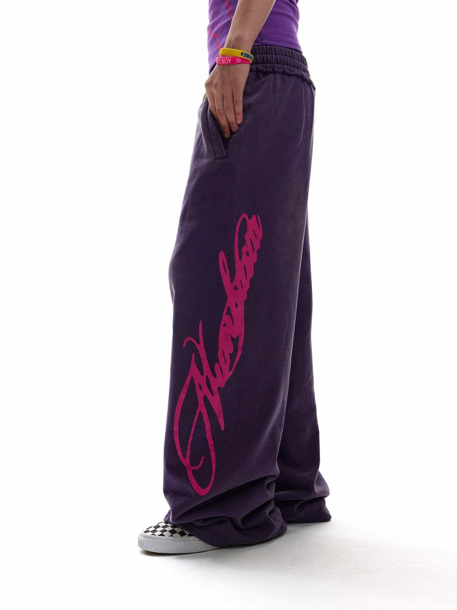 NumbAsia Purple Fluorescent Script Letter Print Washed Vintage Women's Cotton Sweatpants