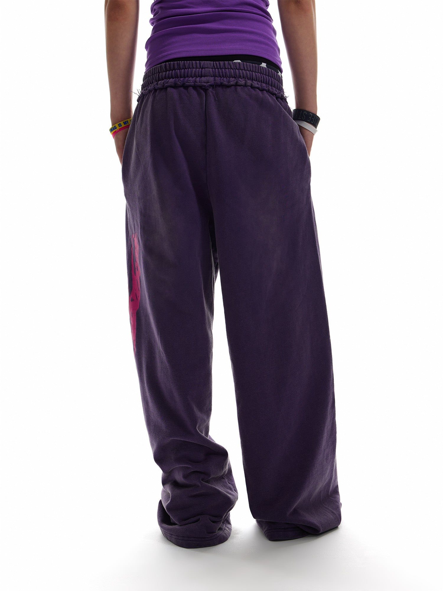 NumbAsia Purple Fluorescent Script Letter Print Washed Vintage Women's Cotton Sweatpants