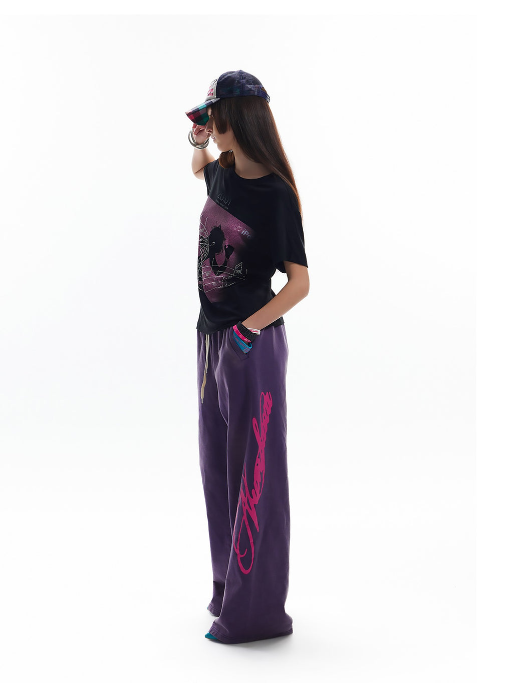NumbAsia Purple Fluorescent Script Letter Print Washed Vintage Women's Cotton Sweatpants