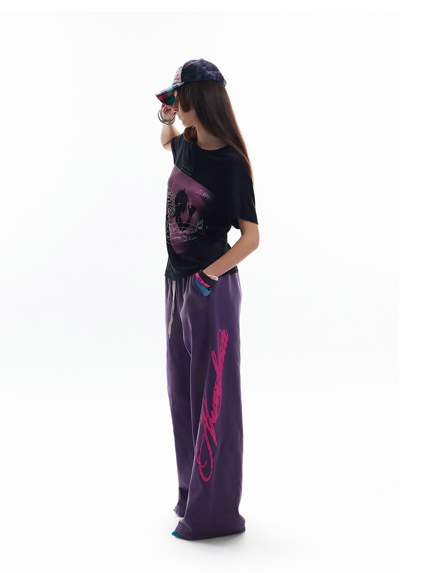 NumbAsia Purple Fluorescent Script Letter Print Washed Vintage Women's Cotton Sweatpants