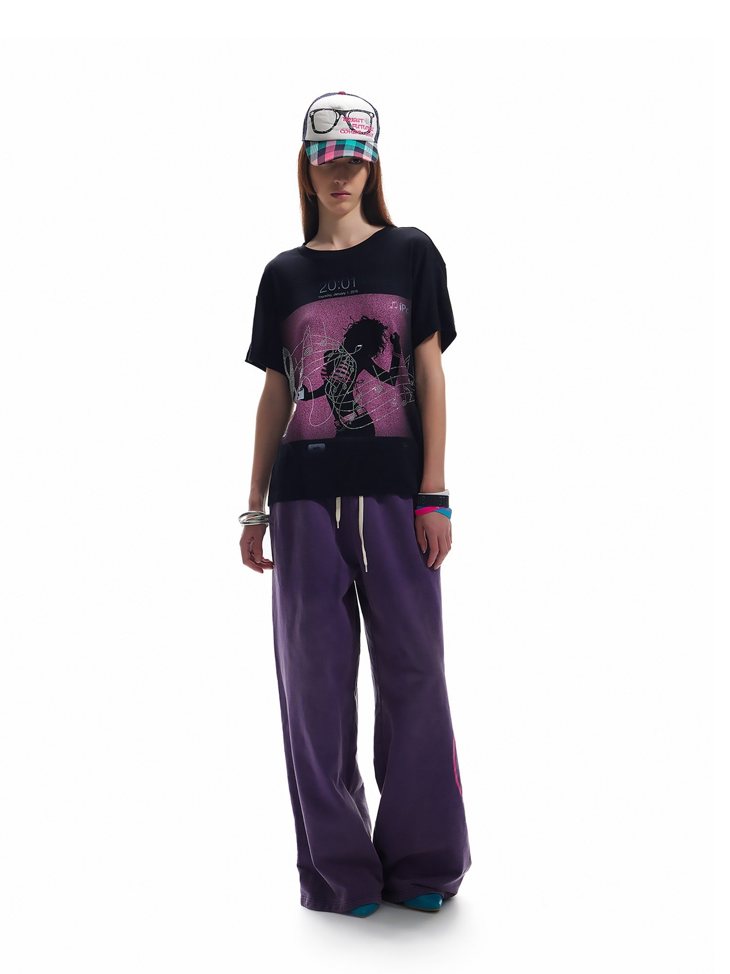 NumbAsia Purple Fluorescent Script Letter Print Washed Vintage Women's Cotton Sweatpants