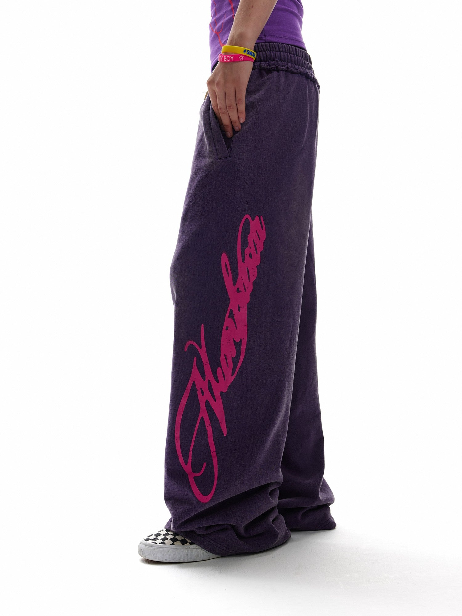 NumbAsia Purple Fluorescent Script Letter Print Washed Vintage Women's Cotton Sweatpants