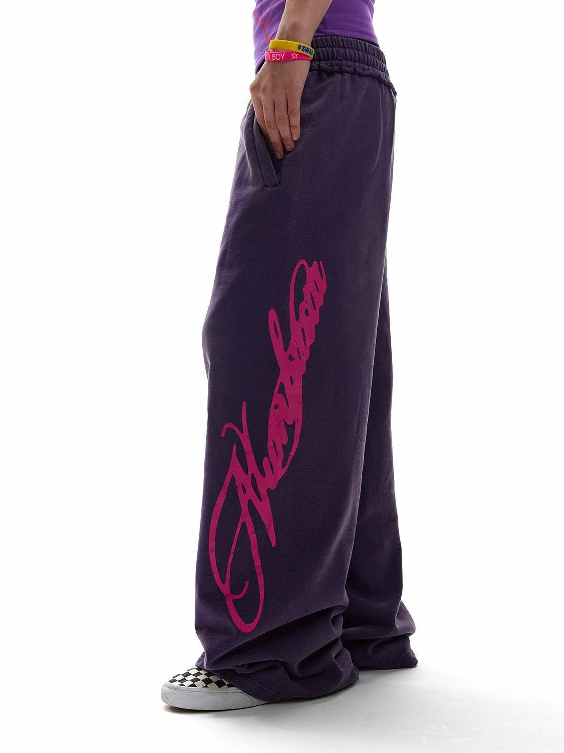 NumbAsia Purple Fluorescent Script Letter Print Washed Vintage Women's Cotton Sweatpants