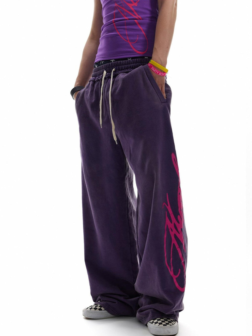 NumbAsia Purple Fluorescent Script Letter Print Washed Vintage Women's Cotton Sweatpants