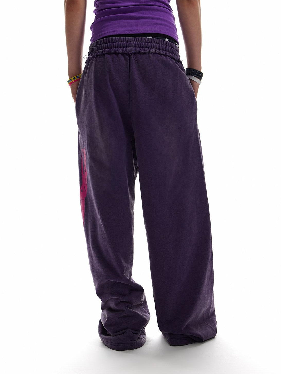 NumbAsia Purple Fluorescent Script Letter Print Washed Vintage Women's Cotton Sweatpants