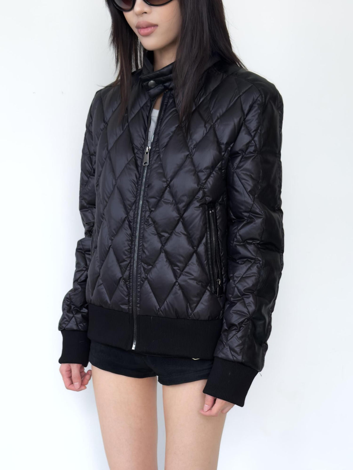 NumbAsia Quilted Faux Leather Panel Zip Slim Fit Women's Polyester Down Jackets