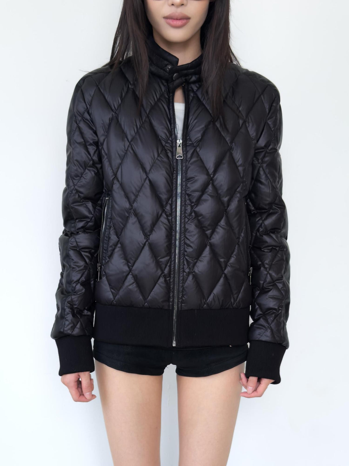 NumbAsia Quilted Faux Leather Panel Zip Slim Fit Women's Polyester Down Jackets