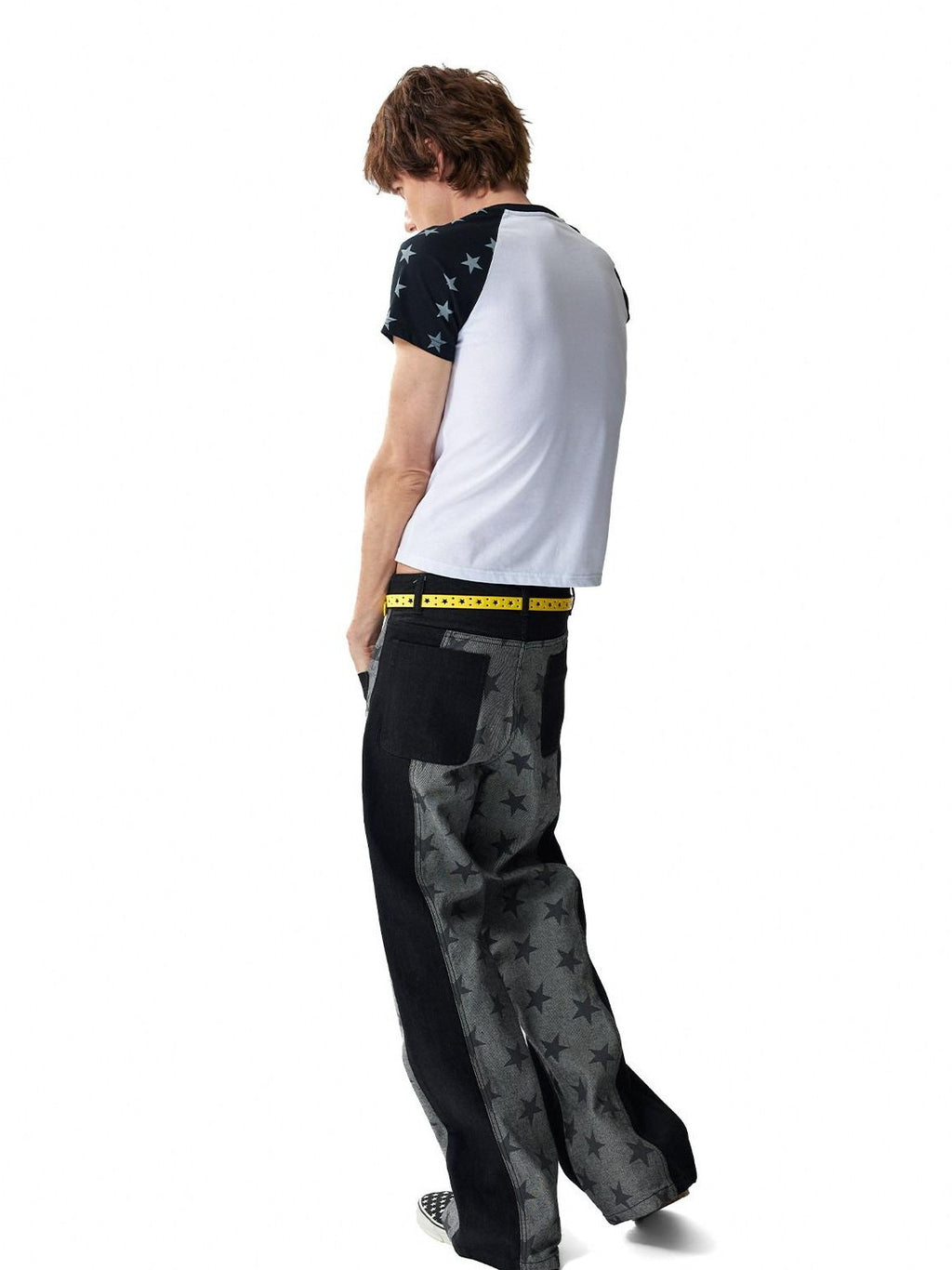 NumbAsia Raw Black Patchwork Star Screenprint Women's Cotton Denim Straight-leg Jeans