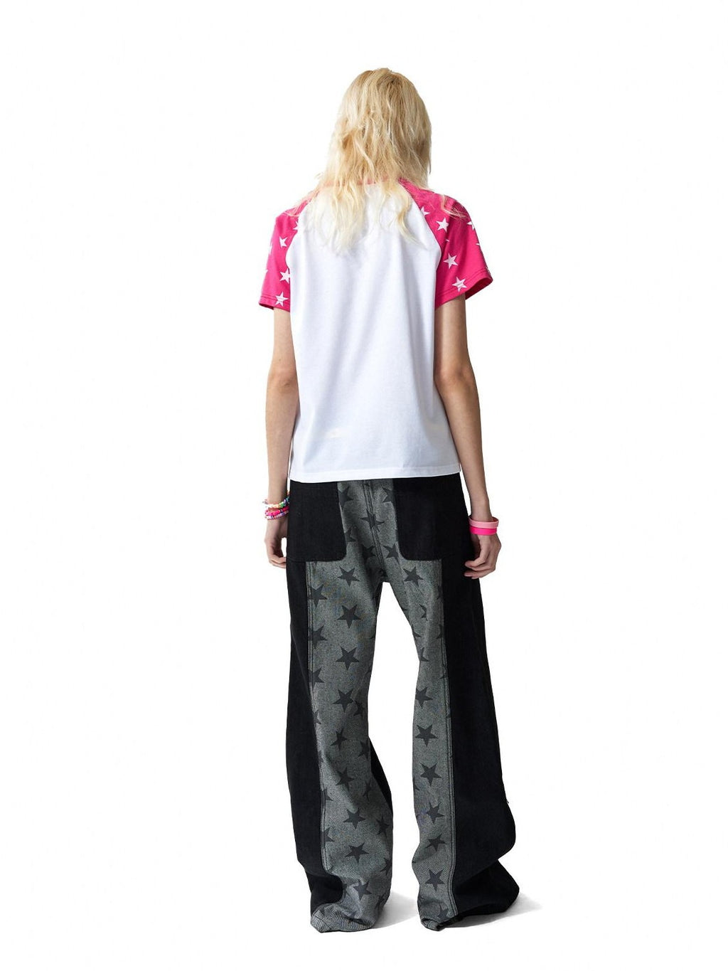 NumbAsia Raw Black Patchwork Star Screenprint Women's Cotton Denim Straight-leg Jeans