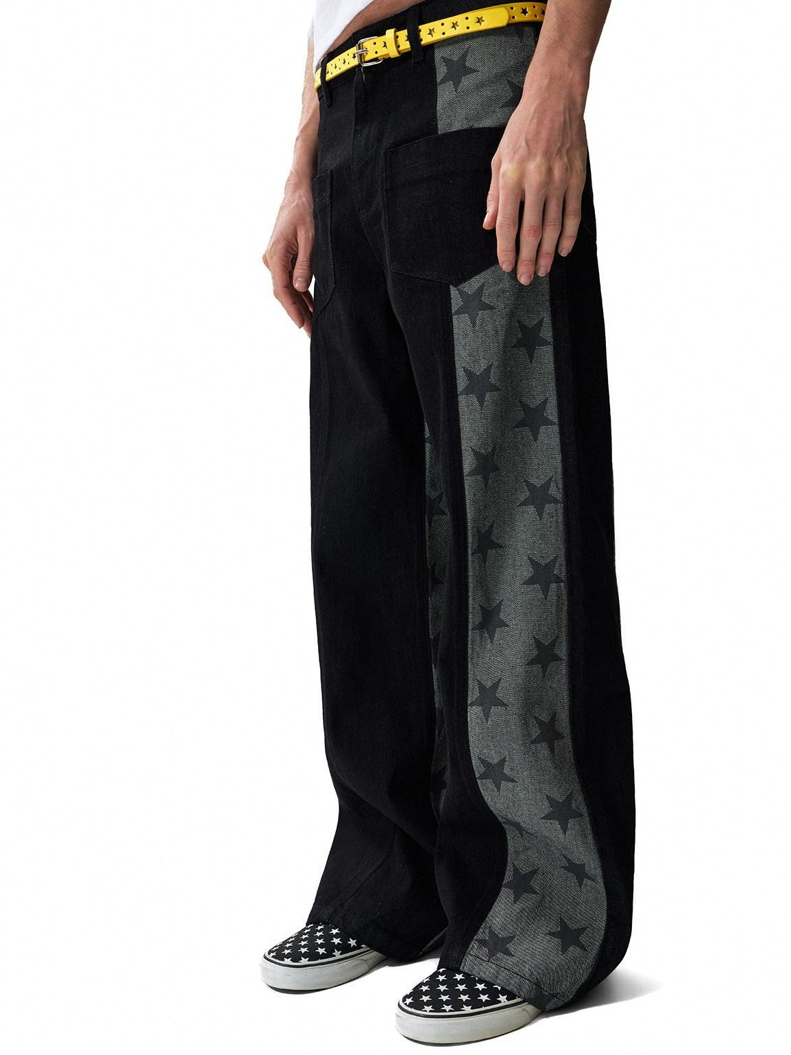 NumbAsia Raw Black Patchwork Star Screenprint Women's Cotton Denim Straight-leg Jeans