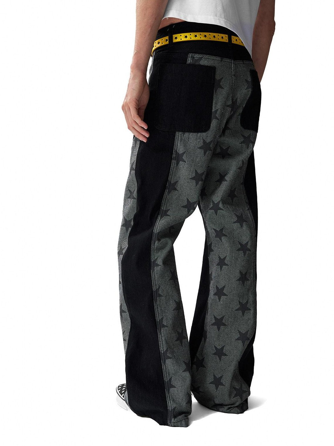 NumbAsia Raw Black Patchwork Star Screenprint Women's Cotton Denim Straight-leg Jeans