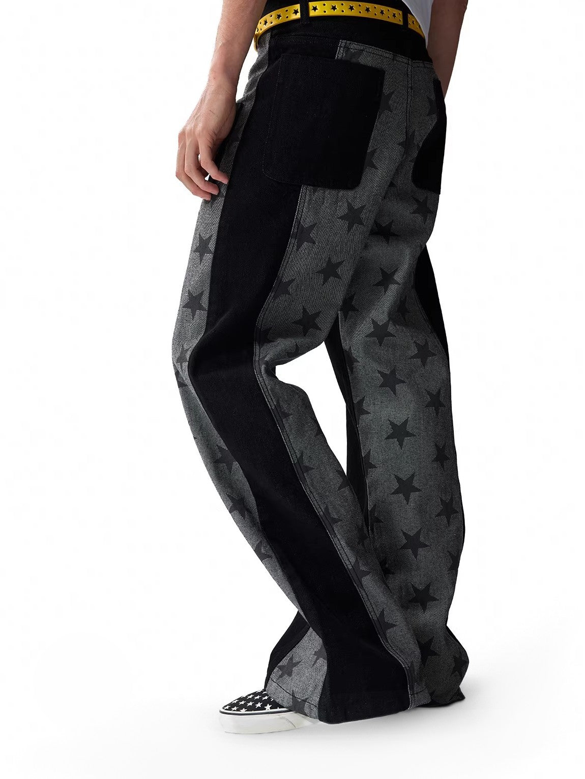 NumbAsia Raw Black Patchwork Star Screenprint Women's Cotton Denim Straight-leg Jeans