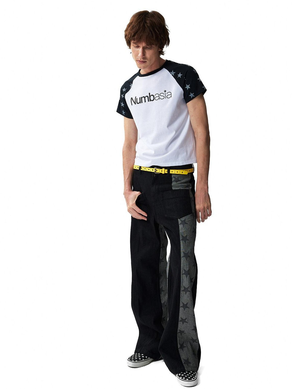 NumbAsia Raw Black Patchwork Star Screenprint Women's Cotton Denim Straight-leg Jeans