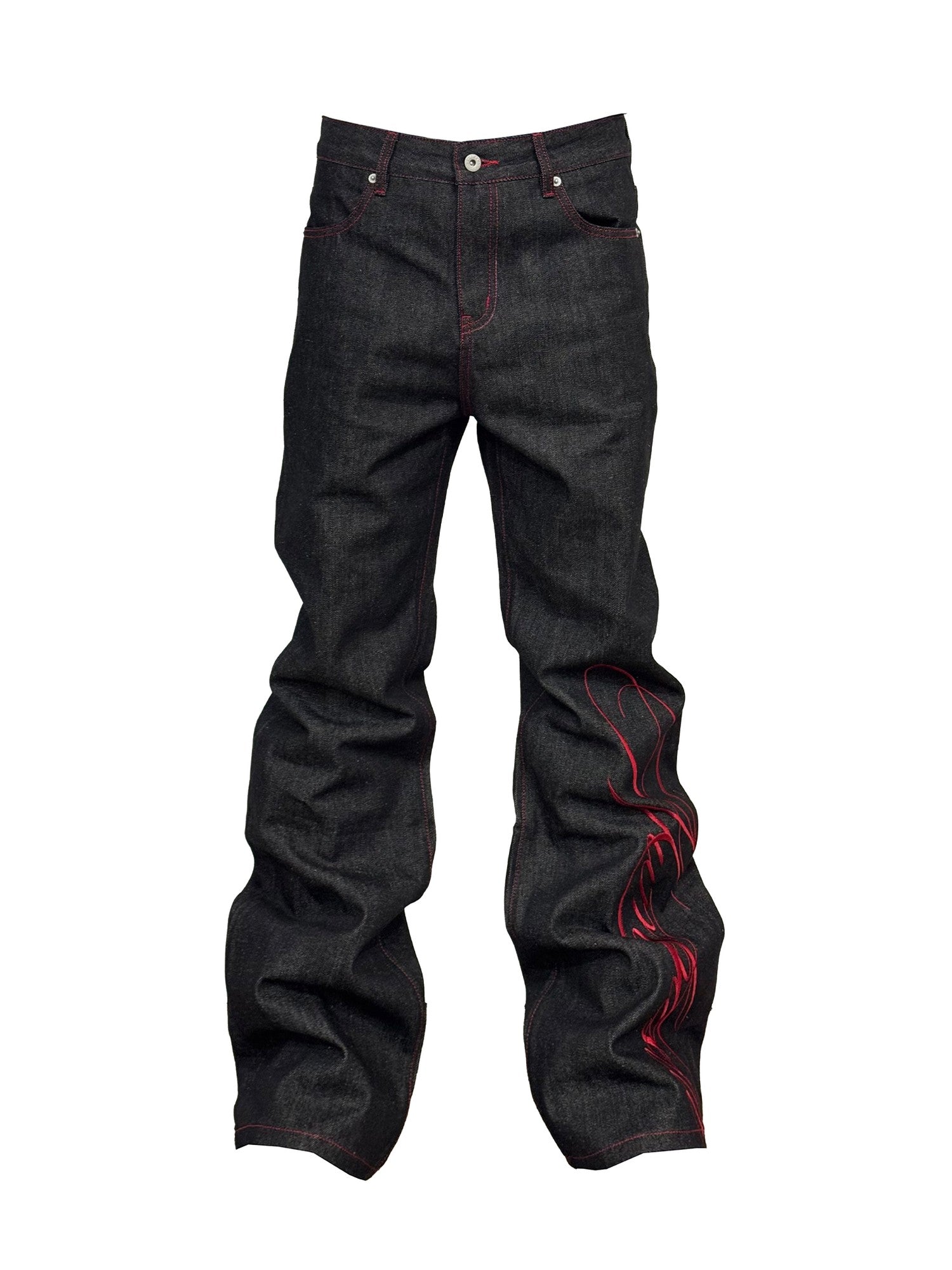NumbAsia Raw Indigo Script Embroidery Women's Denim Straight-leg Jeans