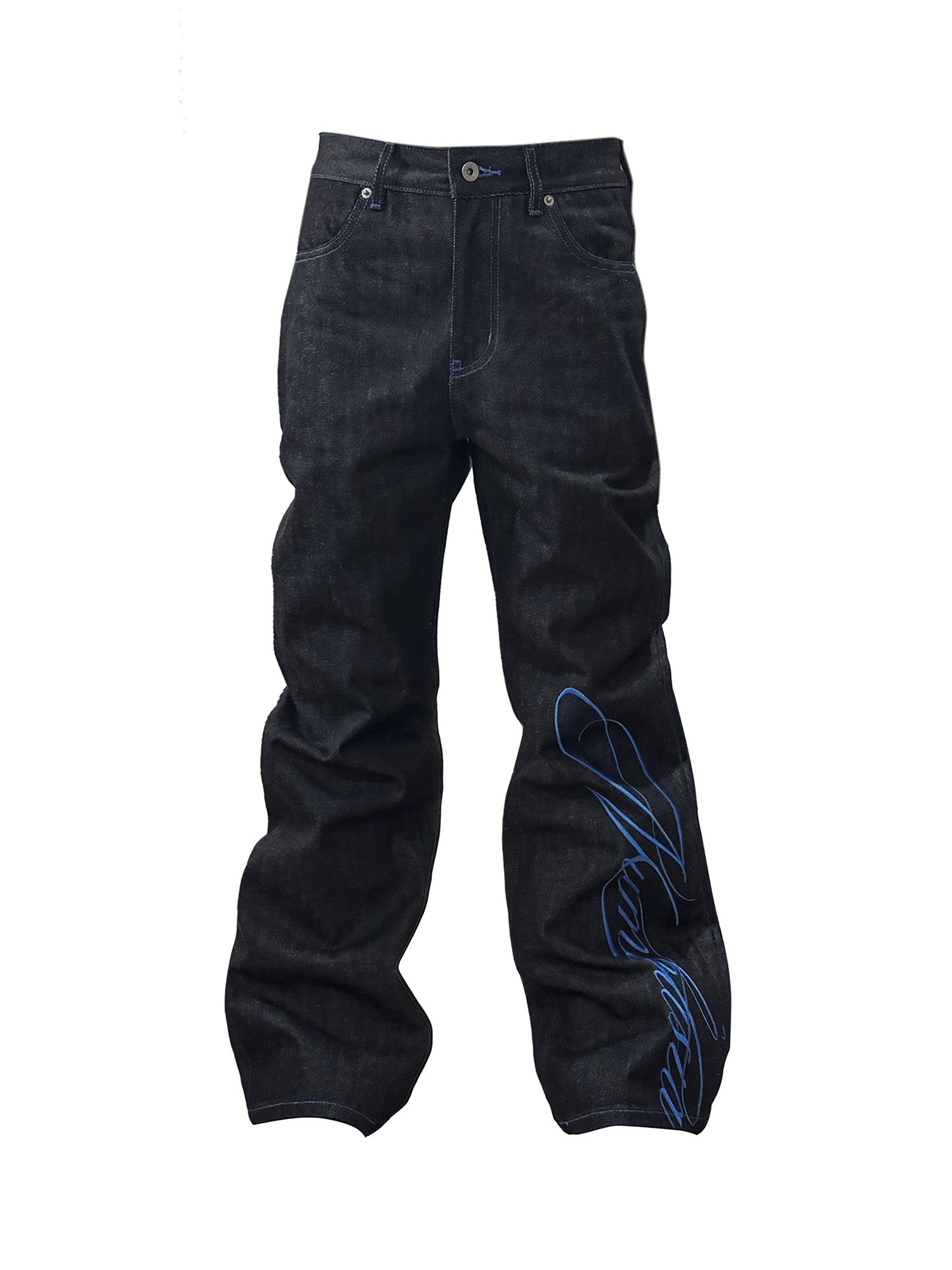 NumbAsia Raw Indigo Script Embroidery Women's Denim Straight-leg Jeans