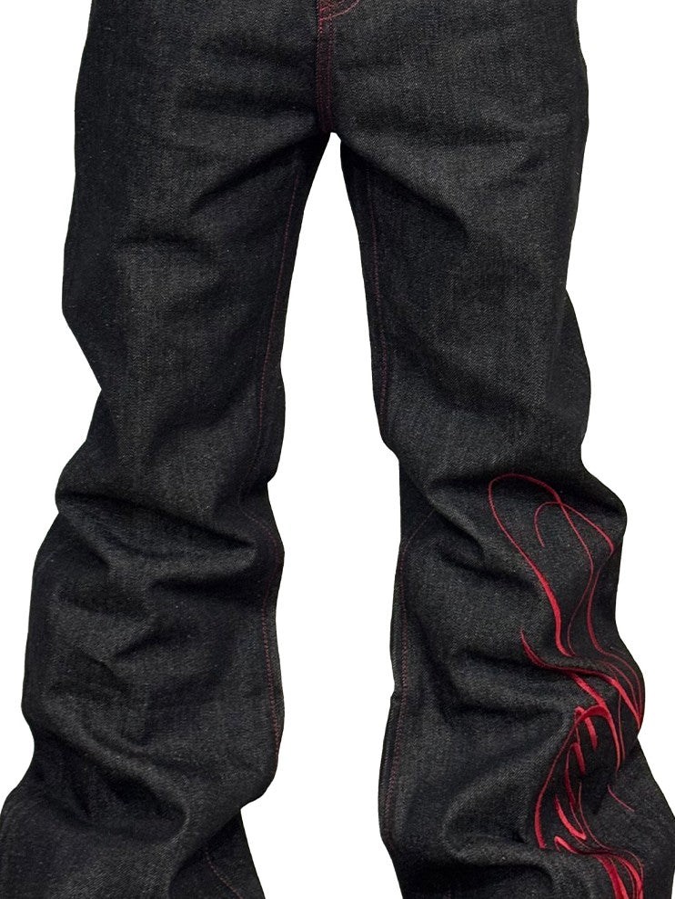 NumbAsia Raw Indigo Script Embroidery Women's Denim Straight-leg Jeans