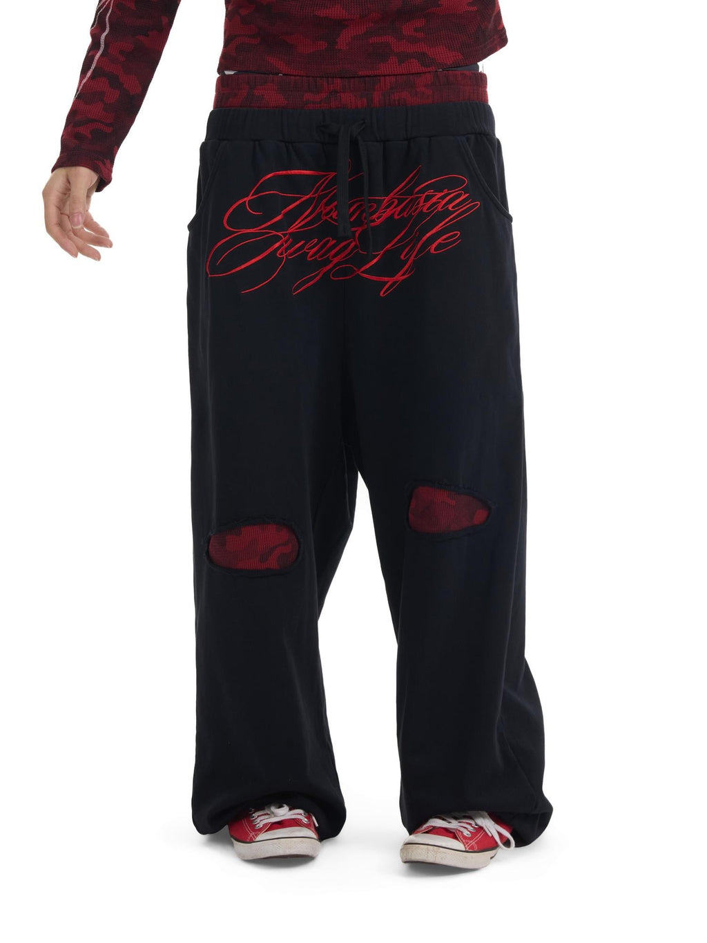 NumbAsia Red Camo Embroidered Distressed Baggy Women's Cotton Sweatpants