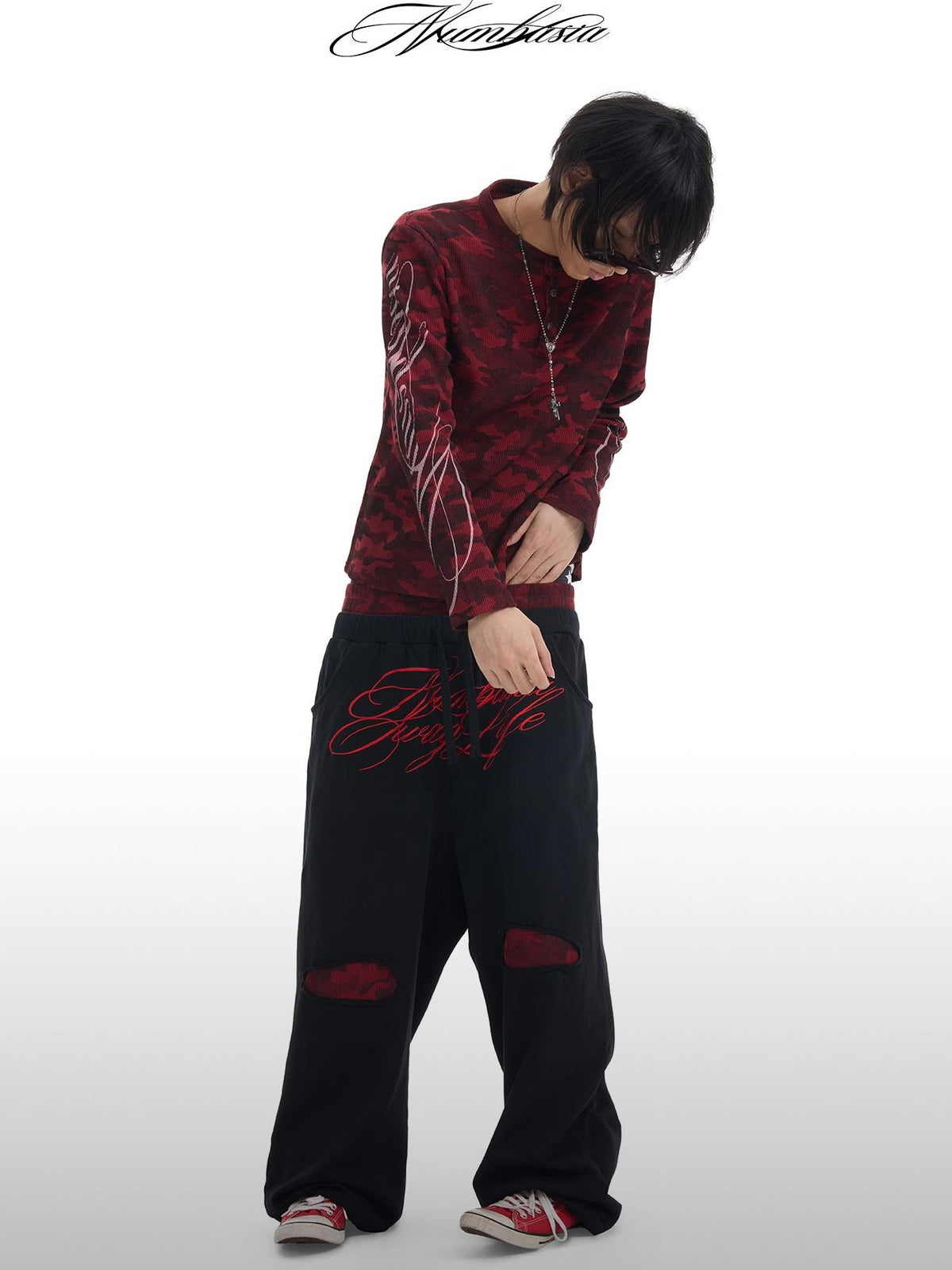 NumbAsia Red Camo Embroidered Distressed Baggy Women's Cotton Sweatpants