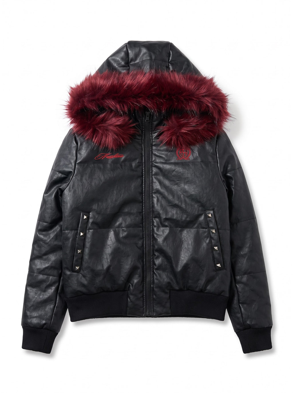 NumbAsia_Red_Studded_Faux_Fur_Trim_Hooded_Pu_Leather_Padded_Women's_Jackets_1085752880873_MISSTT