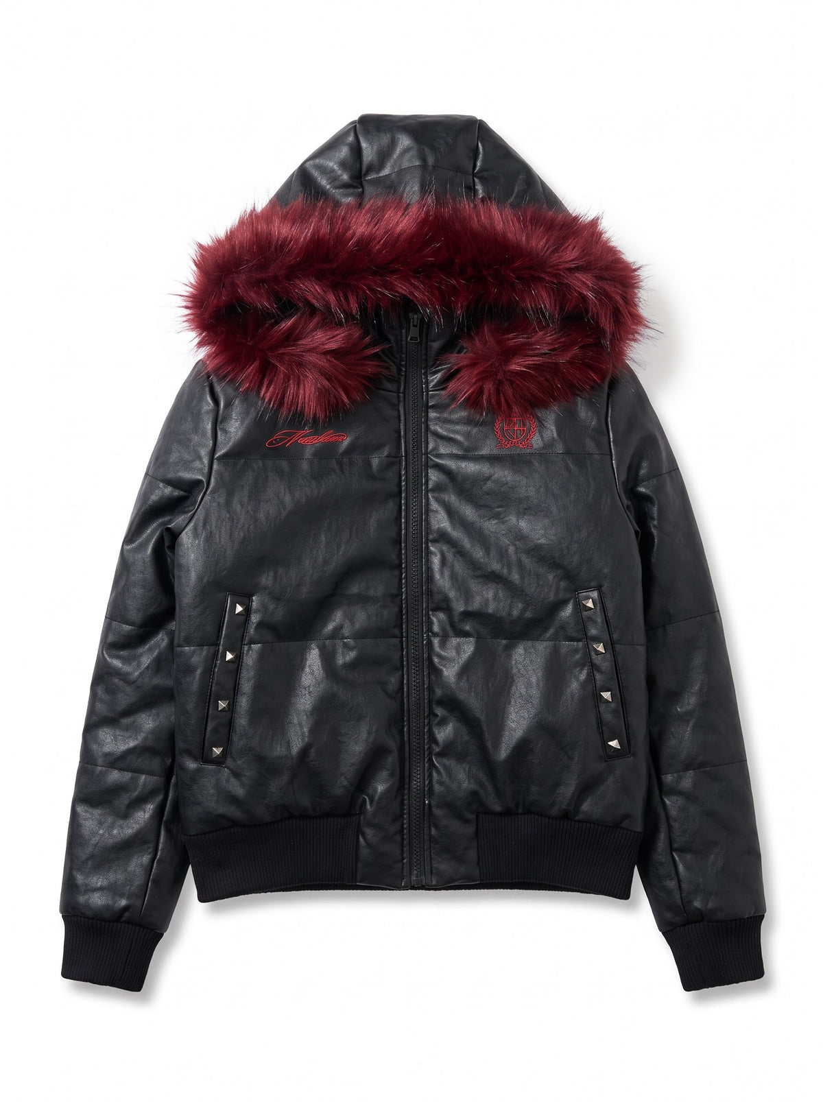 NumbAsia_Red_Studded_Faux_Fur_Trim_Hooded_Pu_Leather_Padded_Women's_Jackets_1085752880873_MISSTT