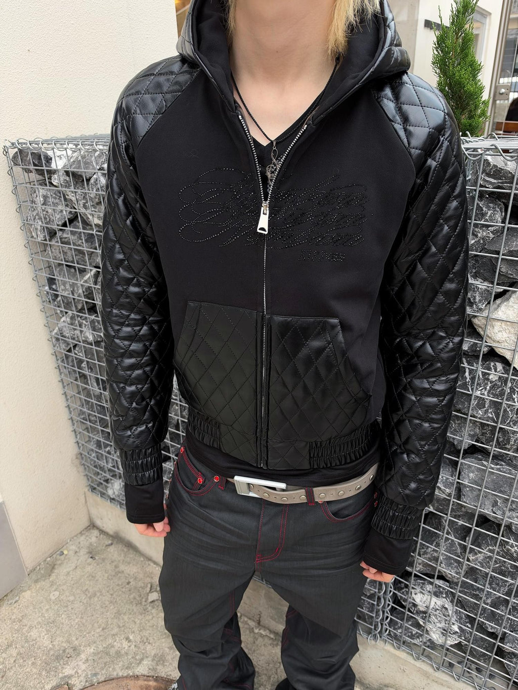 NumbAsia Rhinestone Script Diamond Quilted Faux Leather Panel Women's Hooded Puffer Jackets