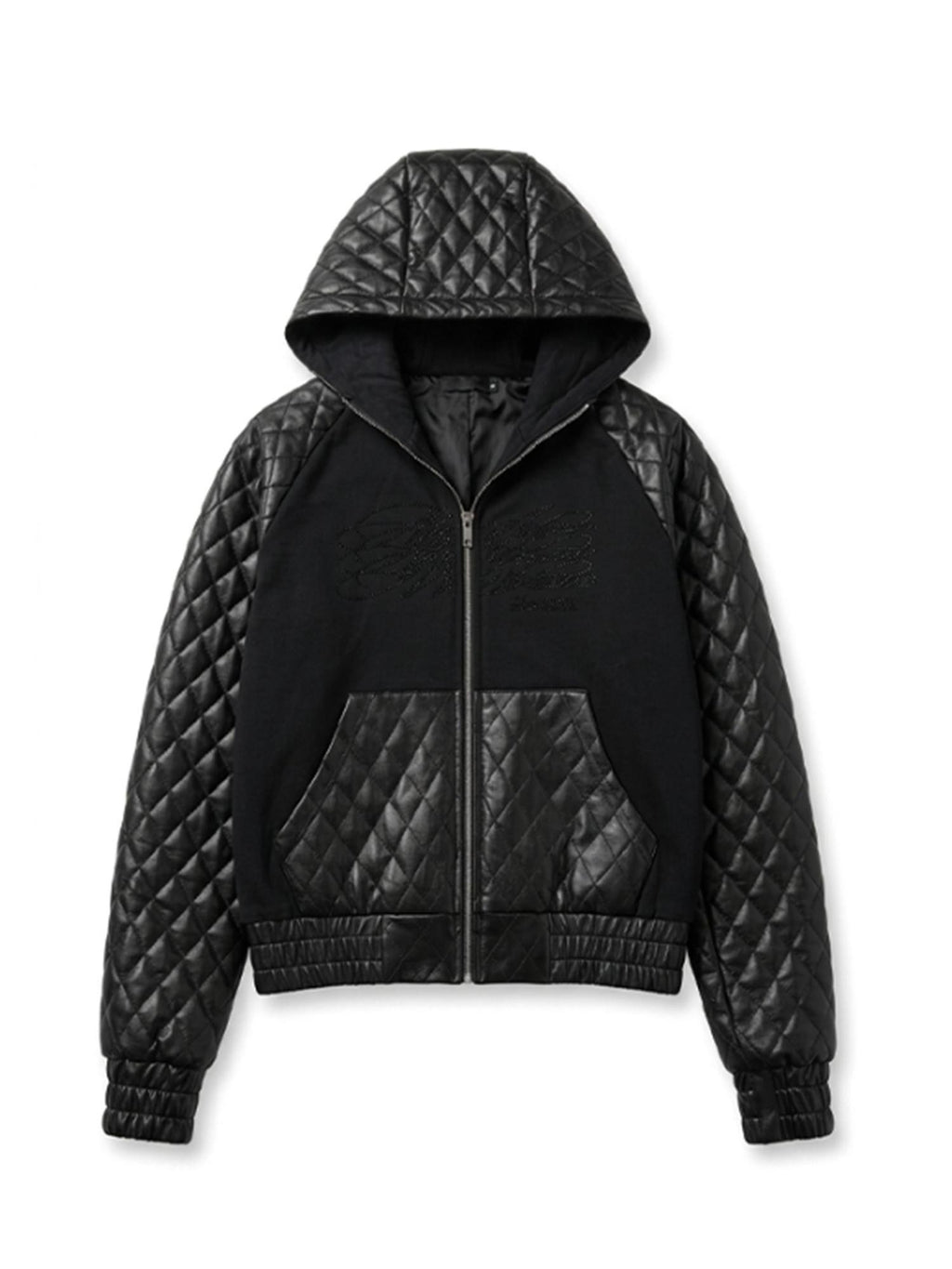 NumbAsia Rhinestone Script Diamond Quilted Faux Leather Panel Women's Hooded Puffer Jackets