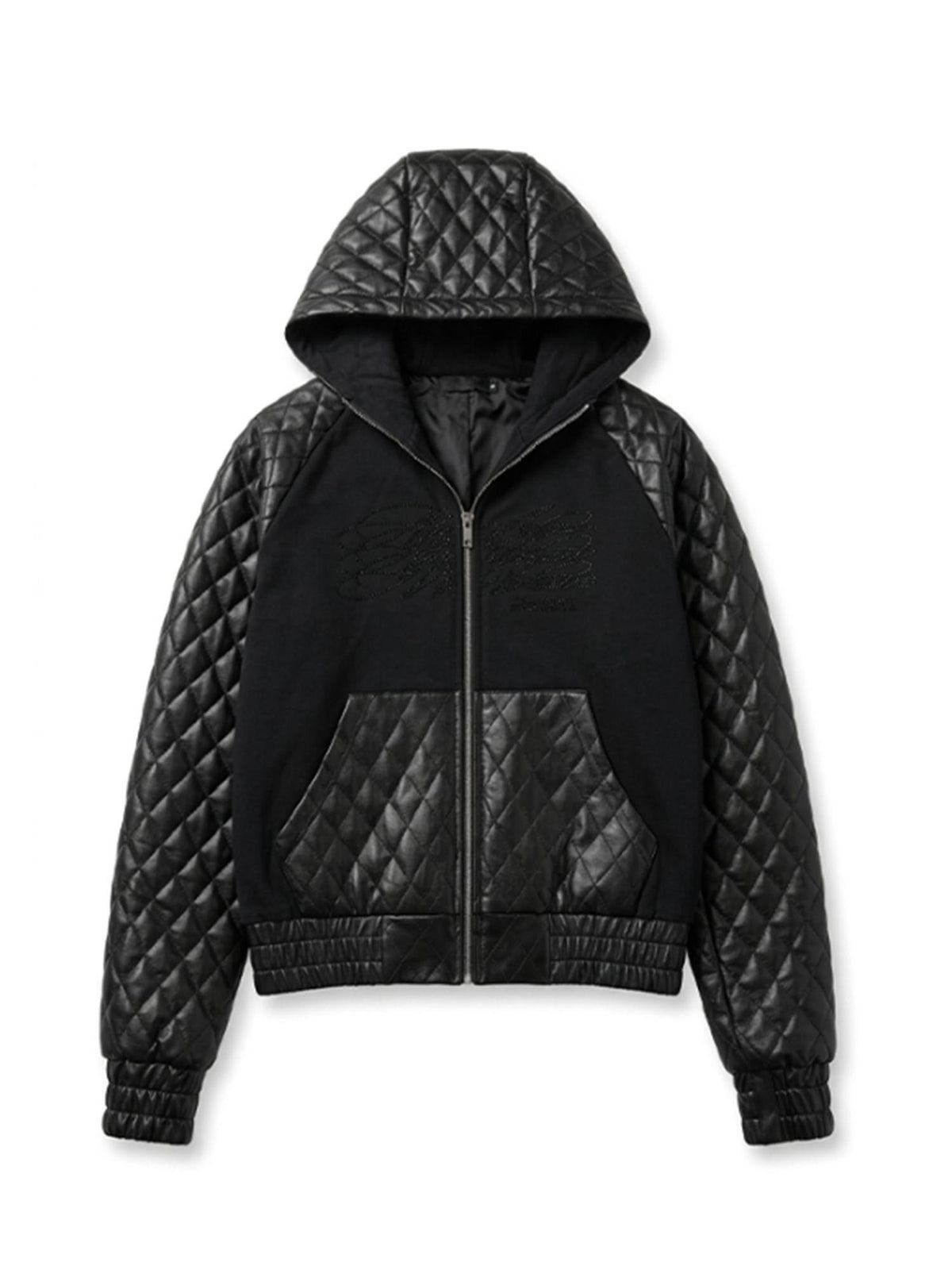 NumbAsia Rhinestone Script Diamond Quilted Faux Leather Panel Women's Hooded Puffer Jackets