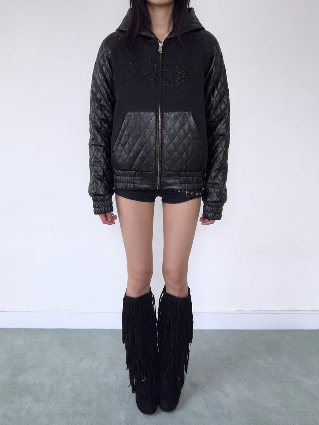 NumbAsia Rhinestone Script Diamond Quilted Faux Leather Panel Women's Hooded Puffer Jackets