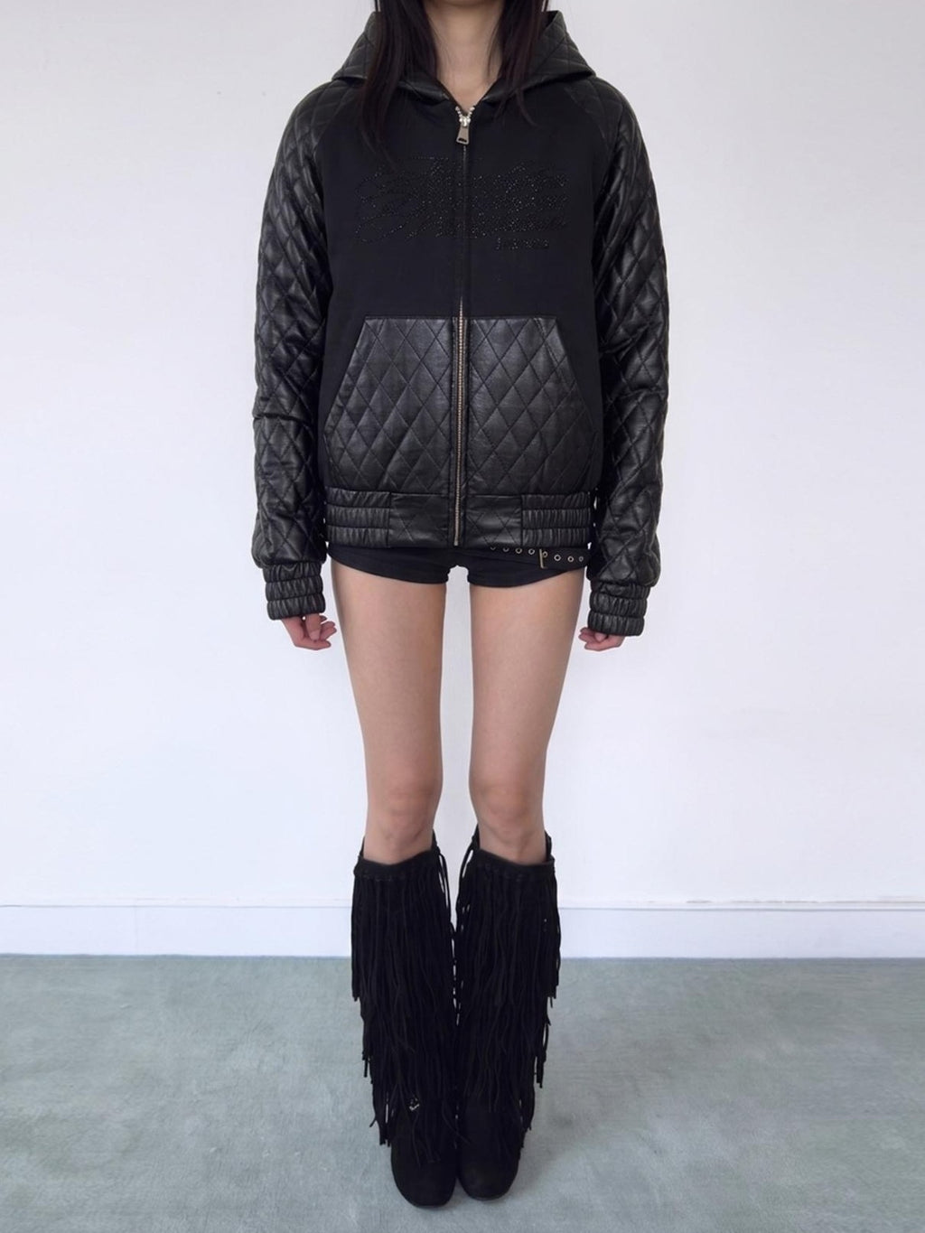 NumbAsia Rhinestone Script Diamond Quilted Faux Leather Panel Women's Hooded Puffer Jackets