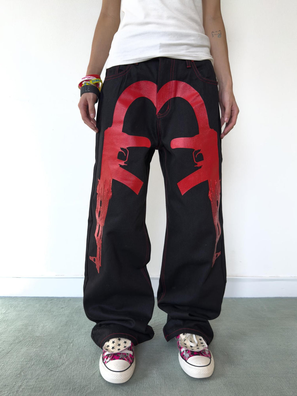 NumbAsia Sequin Embroidered Print Letter Loose Fit Women's Cotton Straight Jeans