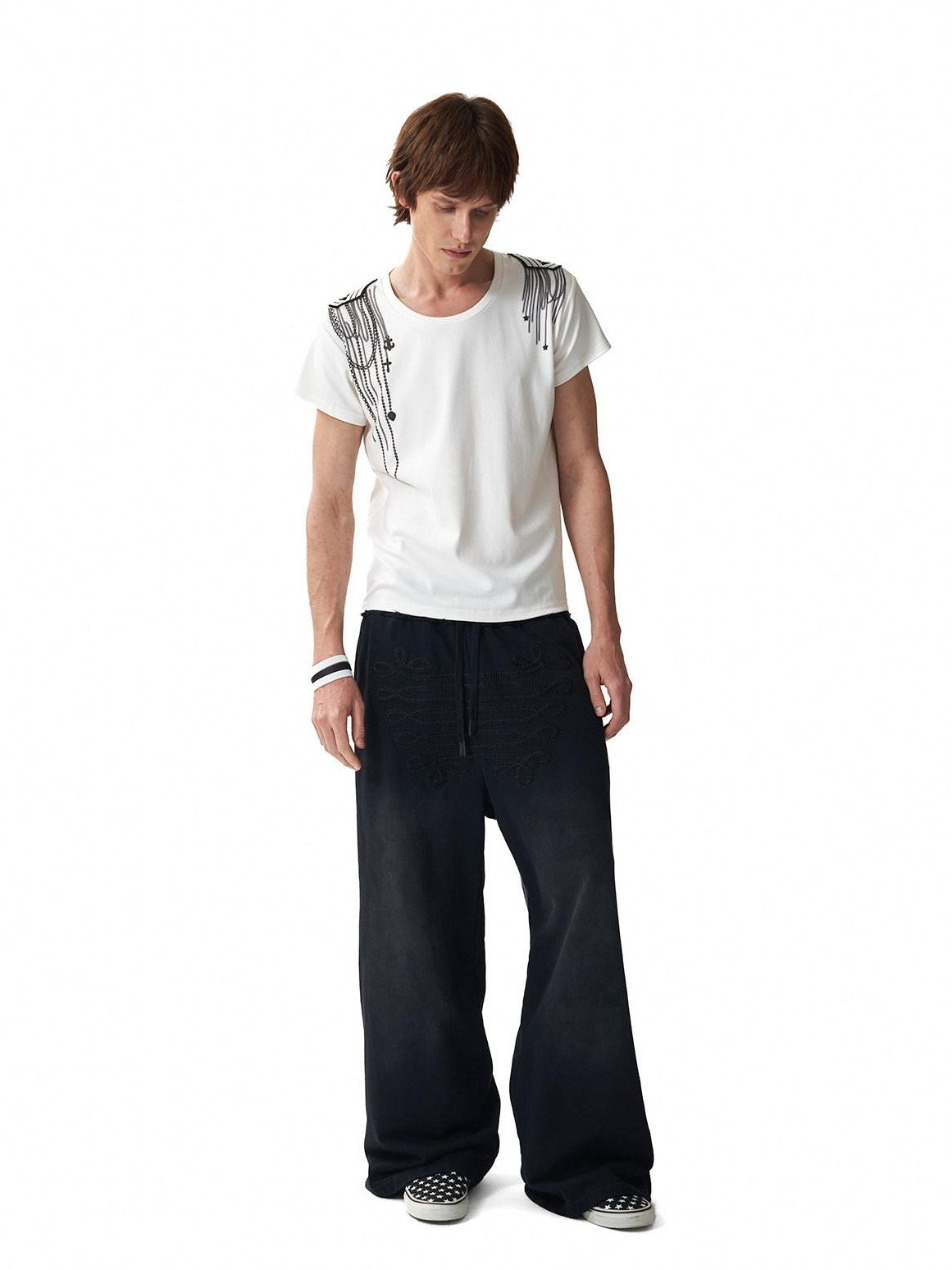 NumbAsia Shoulder Chain Cross Print Embroidered Wide Neck Women's Short Sleeve T-shirts