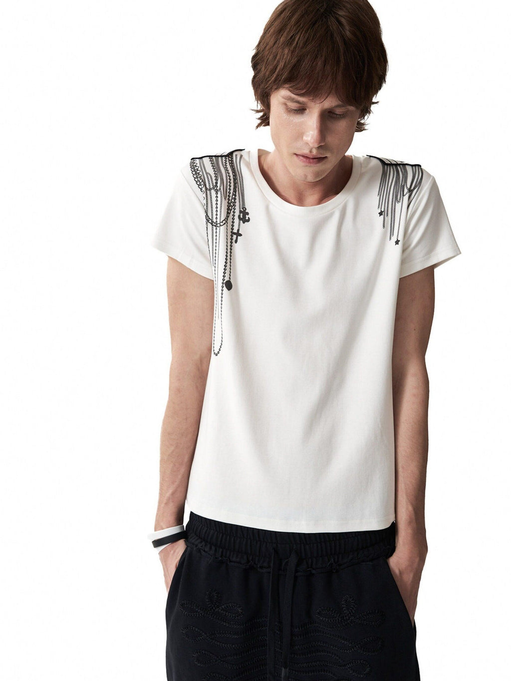 NumbAsia Shoulder Chain Cross Print Embroidered Wide Neck Women's Short Sleeve T-shirts