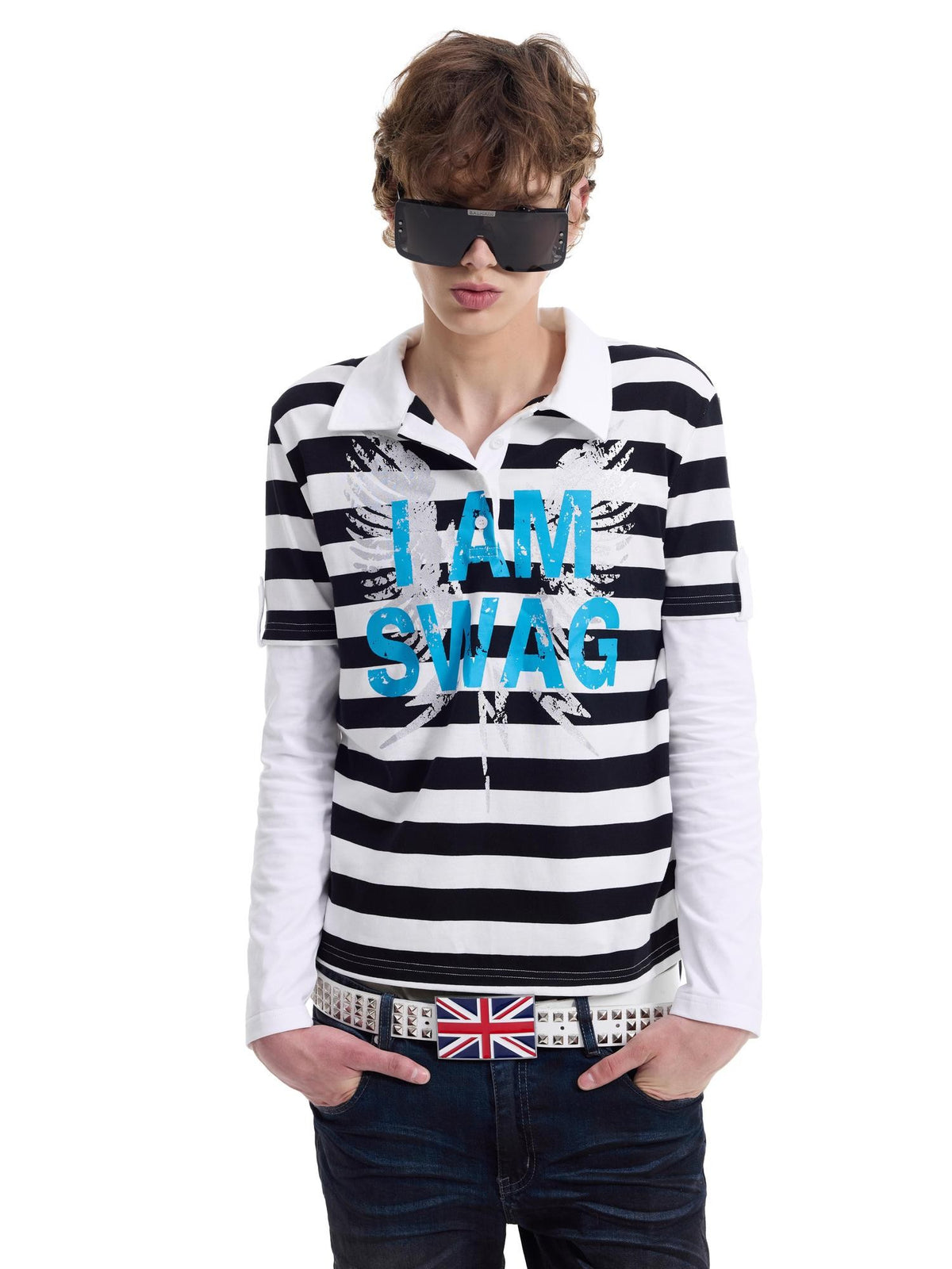 NumbAsia Silver Foil Slogan Striped Faux Layered Polo Women's Cotton Long Sleeve T-shirts