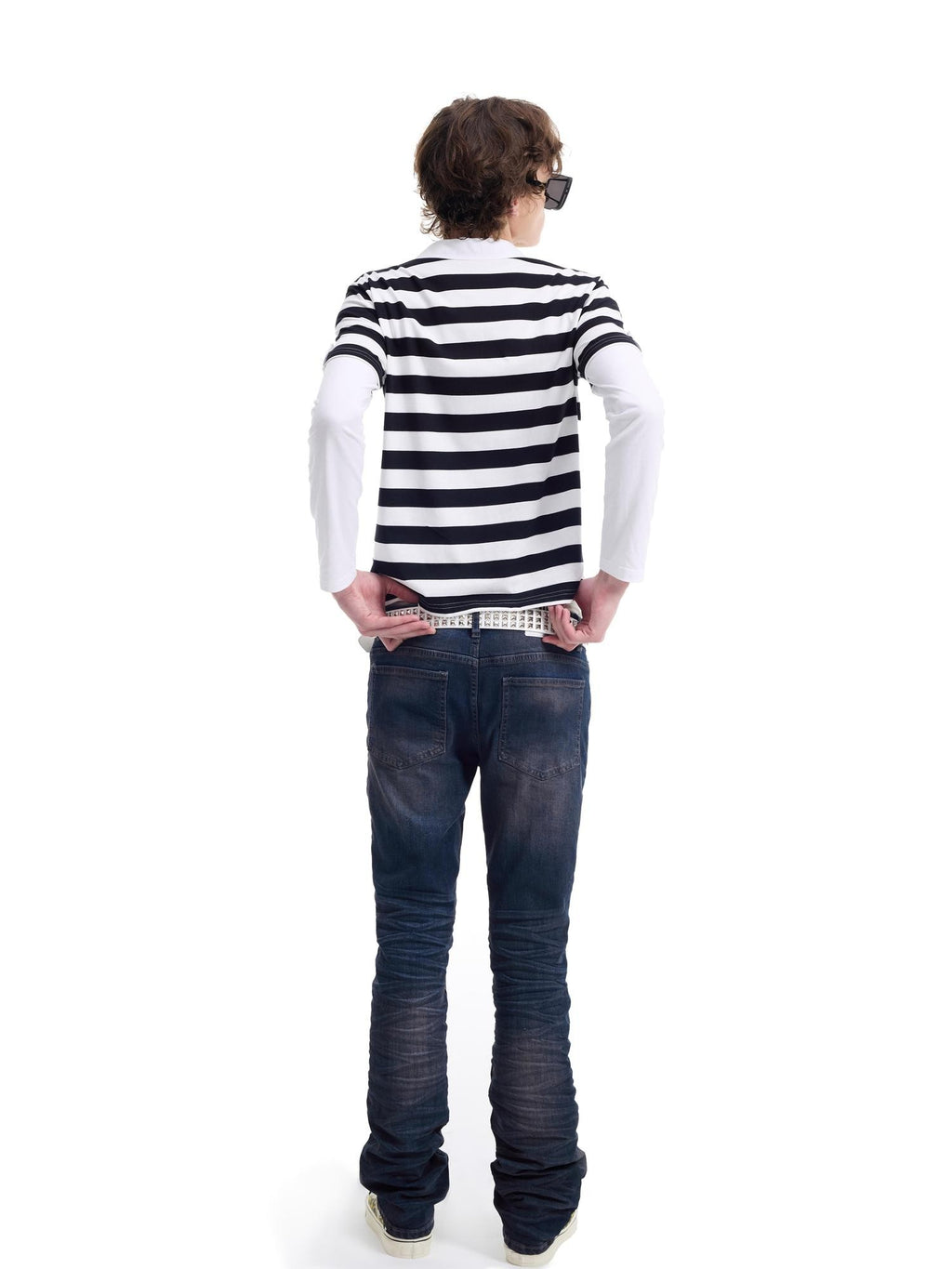 NumbAsia Silver Foil Slogan Striped Faux Layered Polo Women's Cotton Long Sleeve T-shirts
