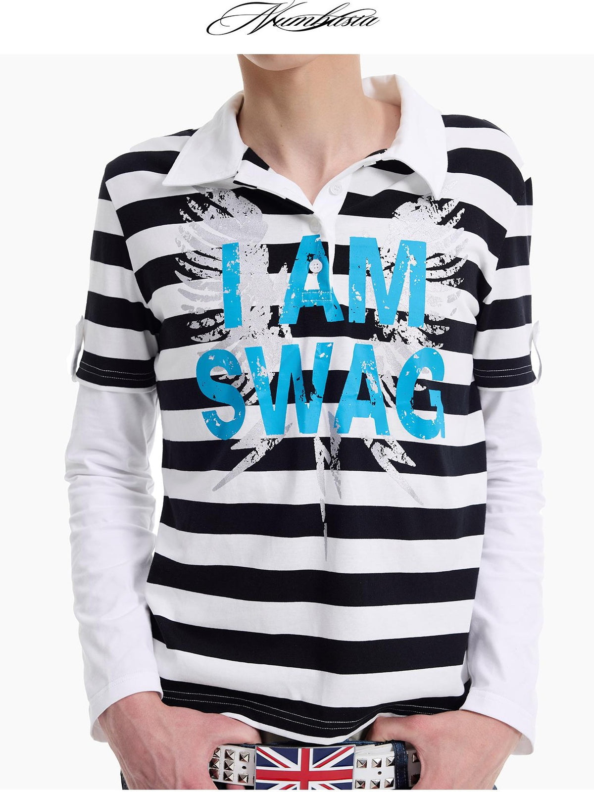 NumbAsia Silver Foil Slogan Striped Faux Layered Polo Women's Cotton Long Sleeve T-shirts