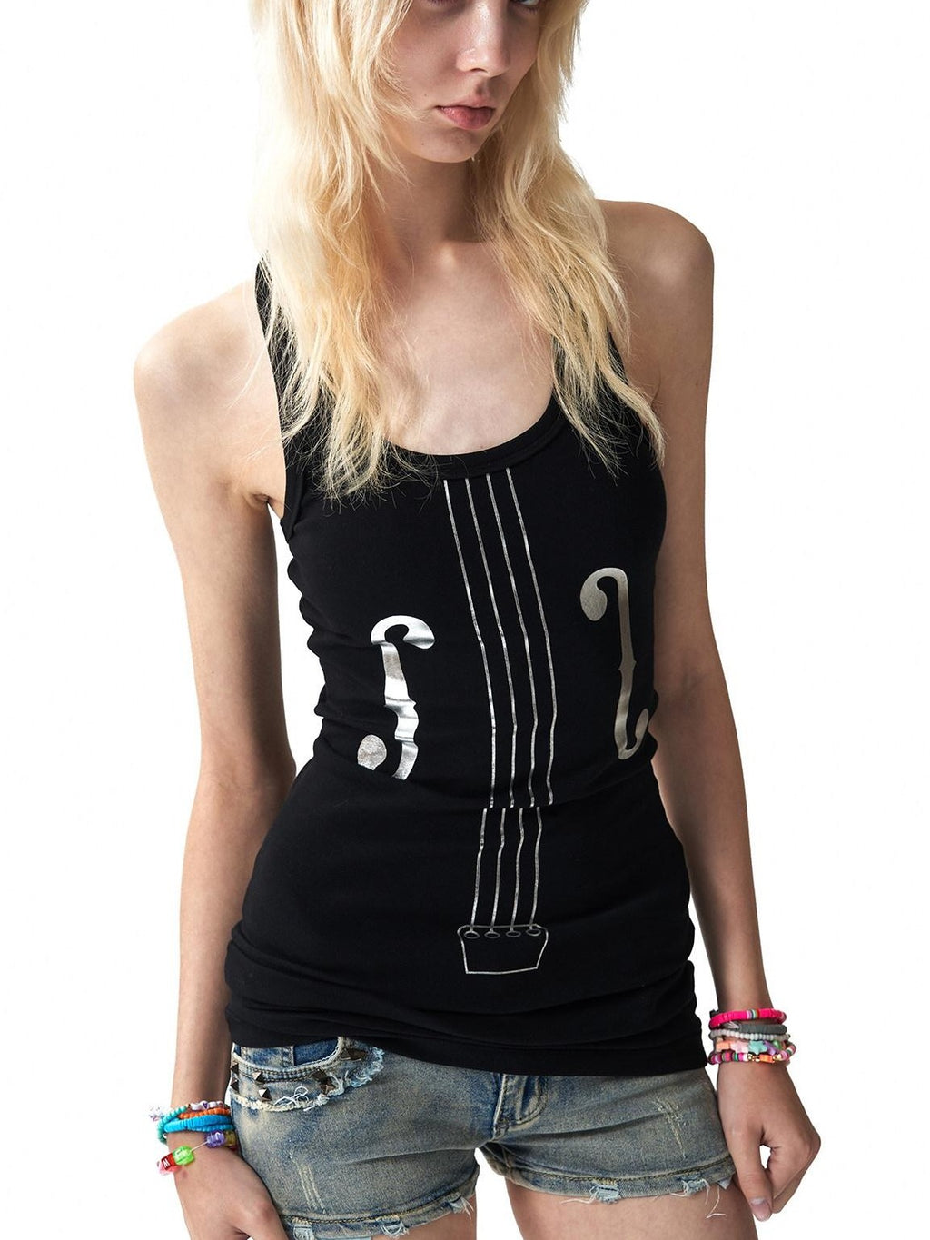 NumbAsia Silver Violin Print Slim Breathable High Stretch Women's Cotton Tank Tops