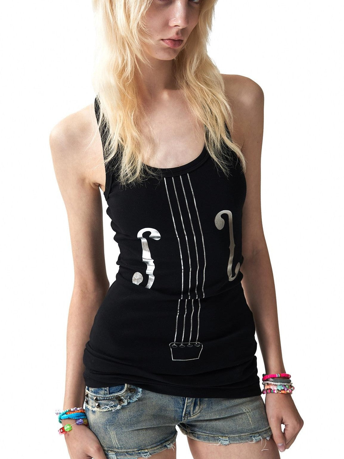 NumbAsia Silver Violin Print Slim Breathable High Stretch Women's Cotton Tank Tops