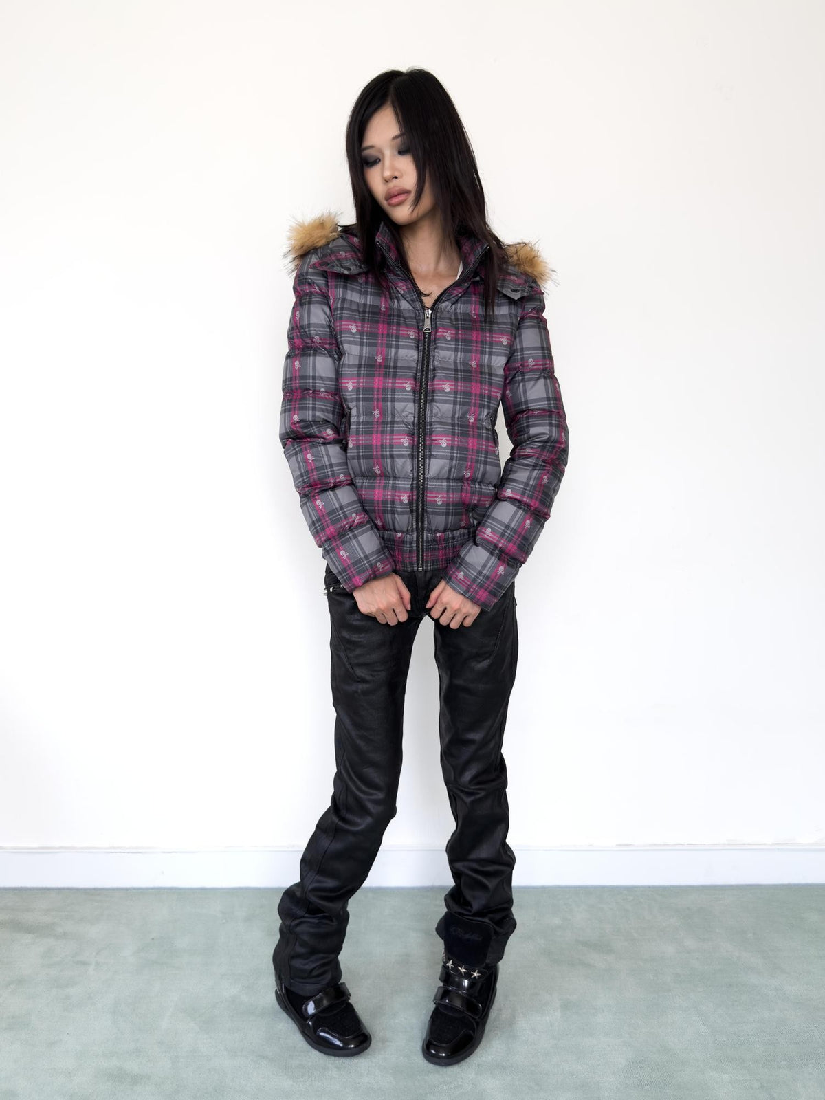 NumbAsia Skull Plaid Hooded Faux Fur Collar Women's Polyester Down Jackets