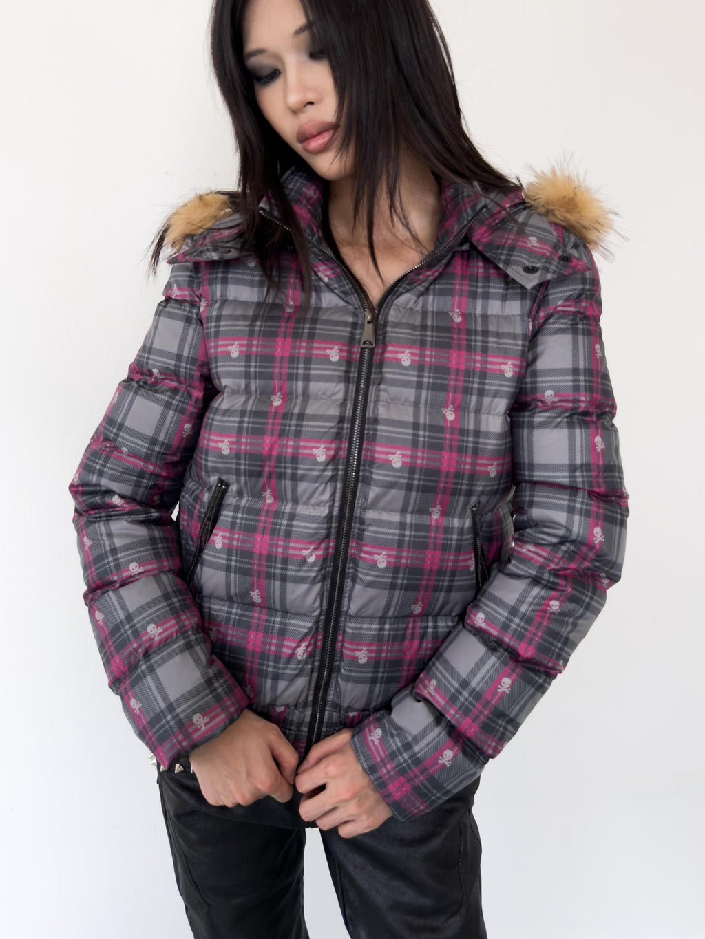 NumbAsia Skull Plaid Hooded Faux Fur Collar Women's Polyester Down Jackets